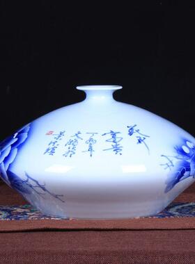 2020景德镇青花贵瓷手绘花开装富扁瓶厅陶瓷工客艺品花瓶家居饰摆
