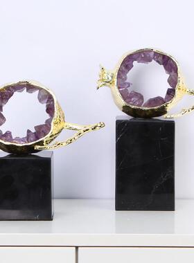 金色多福石榴工艺品家用样板房客厅酒柜玄关书柜装饰品紫晶石摆件