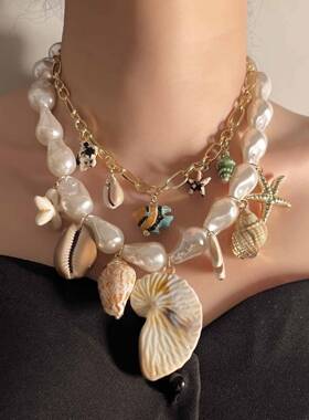 跨境潮流个性巴洛克仿珍珠陶瓷合金海螺贝壳等吊坠双层叠戴女项链