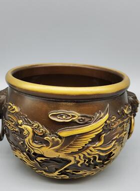 仿古做旧黄铜鎏金龙凤虎头缸复古中式客厅书房摆件工艺品