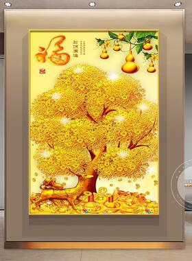 入金色发财树画装饰画客厅户壁画墙画招财餐树厅玄ZIX关走廊墙面