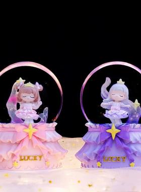 摩卡少女ins旋转自动飘雪彩灯音乐盒水晶球氛围感装饰摆件