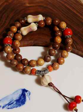 青山灵隐厂家货源木珠双层叠戴手串双圈文艺复古新中式直播直供