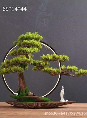 仿真迎客松摆件盆景中式禅意灯圈新中式客厅玄关装饰软装家居香炉