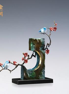 铜艺坊喜上眉梢腊梅花鸟铜摆件办公室老板桌小鸟彩金属彩铜工艺品