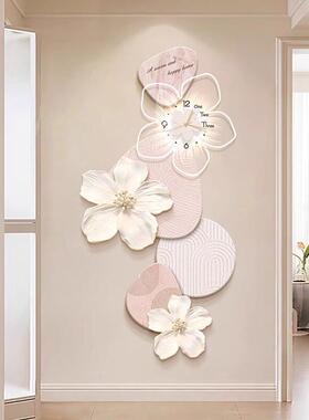 牡丹花电视背景墙装饰画入户玄关过道挂画高级感壁画钟表客厅挂钟