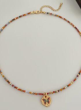 新款简约彩色锆石串珠滴油蝴蝶项链女百搭气质闪亮彩虹锁骨链