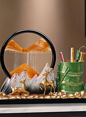 创意办公室桌面节节高升竹子笔筒高档办公桌书桌福鹿流沙画摆件