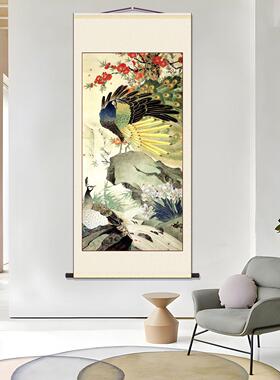 国画百鸟朝凤图玄关装饰挂画现代入户中欧式卷轴吉祥如意凤凰字画