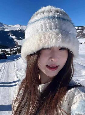东北哈尔滨雪山川西旅游防寒帽子女秋冬户外毛绒渔夫帽冬帽针织帽