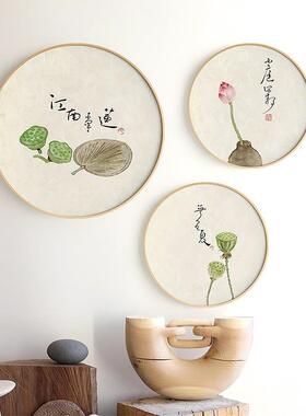 新中景式餐厅实装饰画背墙画简约画客厅木圆形壁画玄13关画挂网红