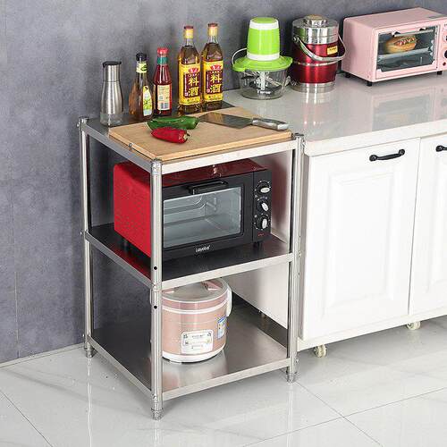 不锈钢厨房置物架家用落地三层收纳锅架微波炉架子烤箱储物蔬菜架 - 图0