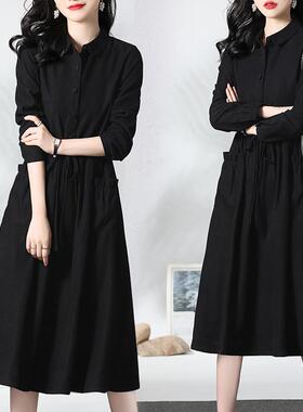 韩国休闲收腰衬衫连衣裙女2025春秋新款时尚气质收腰显瘦中长裙--