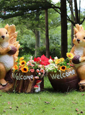 户外园林景仿观真松鼠花缸摆件别墅花园庭院幼儿园小动物花盆装饰