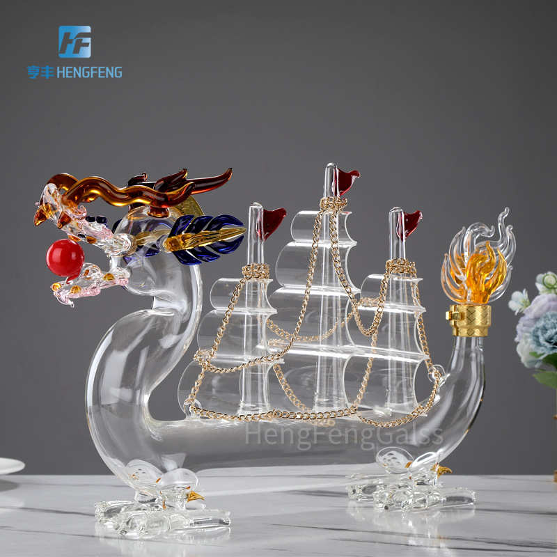 Twelve Zodiac Dragon Boat Shape Craft Wine Bottle Sailing Dragon Boat 1000ml Creative Glass Craft Bubble Wine Bottle