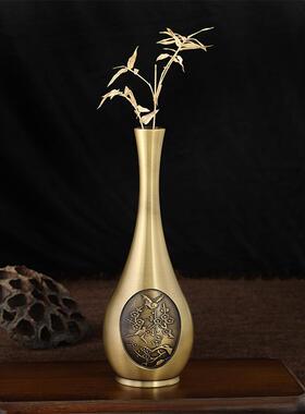 纯黄铜花瓶雕花摆件迷你小桌面装饰仿古花器金属客厅插花创意中式