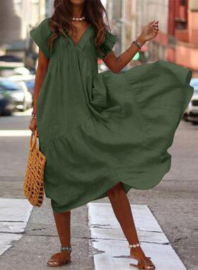 Casual Boho Loose Women Dress Bohemian Summer V Neck Short S
