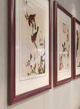 郎世宁装饰画花鸟工笔新中式客厅三联画沙发后面的背景墙餐厅挂画