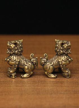 迷你黄铜小号狮子摆件镇宅招财桌面居家客厅中式覆古纯铜茶宠摆设