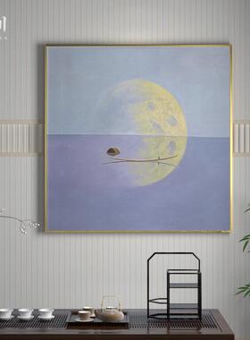 新中式装饰画蓝色湖面倒影意境中国风轻奢客厅玄关壁画方形挂画