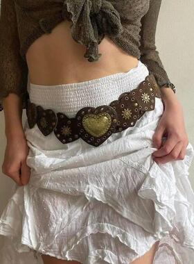 Brown Pinned Belt Y2k Accessories Decorated with White Love