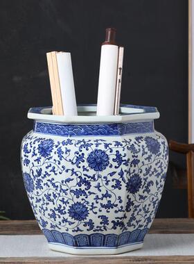 景德镇陶瓷书画缸卷轴字画收收纳青花瓷彷古八角缠枝摆件花盆树盆
