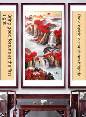好运国画三联画别墅国画山水国画客厅实木挂画乡村老宅国画