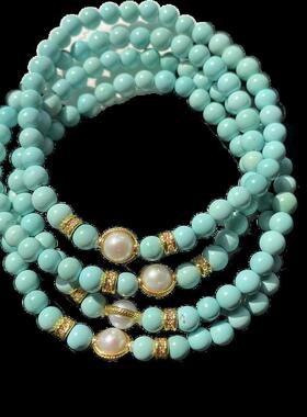 新品天然原矿高瓷绿松石手链18k金配饰单圈圆珠手串珠链珠串4.8mm