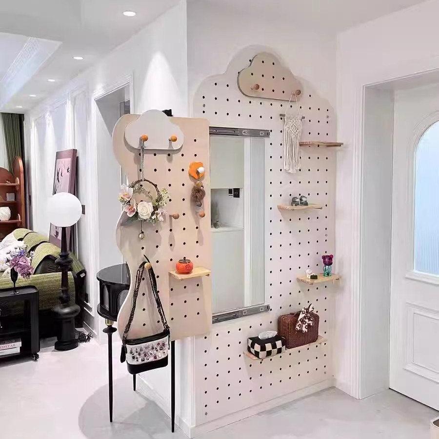 Solid wood cloud hole board full-length mirror integrated custom entry porch storage rack door behind wall storage hanger