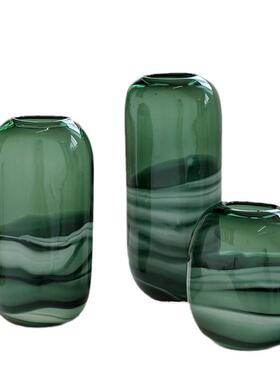 碧轩厂家直销现代创意水墨纹手工玻璃花瓶小口墨绿花瓶装饰花器