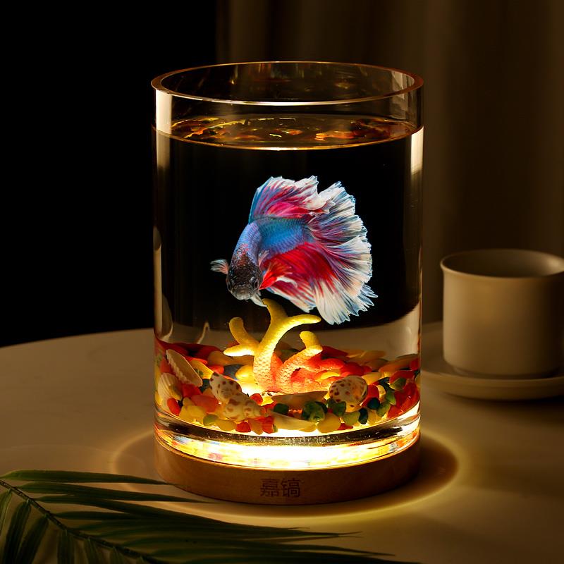 创意斗鱼缸圆形玻璃办公桌小型桌面孔雀鱼缸客厅夜灯加厚小金鱼缸