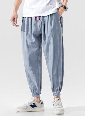 Men's cotton and linen cropped pants, plus size sports