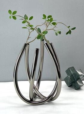 日本进口现代简约金属交织花器花插摆件黑色圆管花器样板间客厅桌