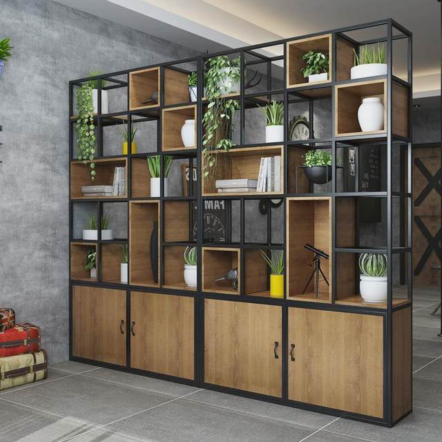 Office wrought iron partition storage rack American solid wood floor display rack Living room screen storage porch cabinet