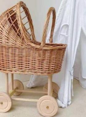 ins复古婴儿藤编小推车造型收纳柳编纯手工编织家居卧室花篮田园