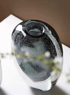 欧式简约手工吹制高品质厚底灰色气泡玻璃花瓶软装样板房客厅花器
