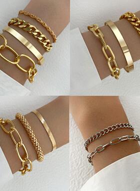 Metal bracelet set金属手镯套装粗炼条手錬光面多层开 口手镯