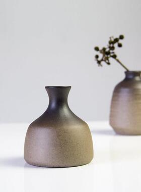 丑器粗陶花瓶陶瓷装饰品 复古黑色釉干花插花器 客厅家居摆件