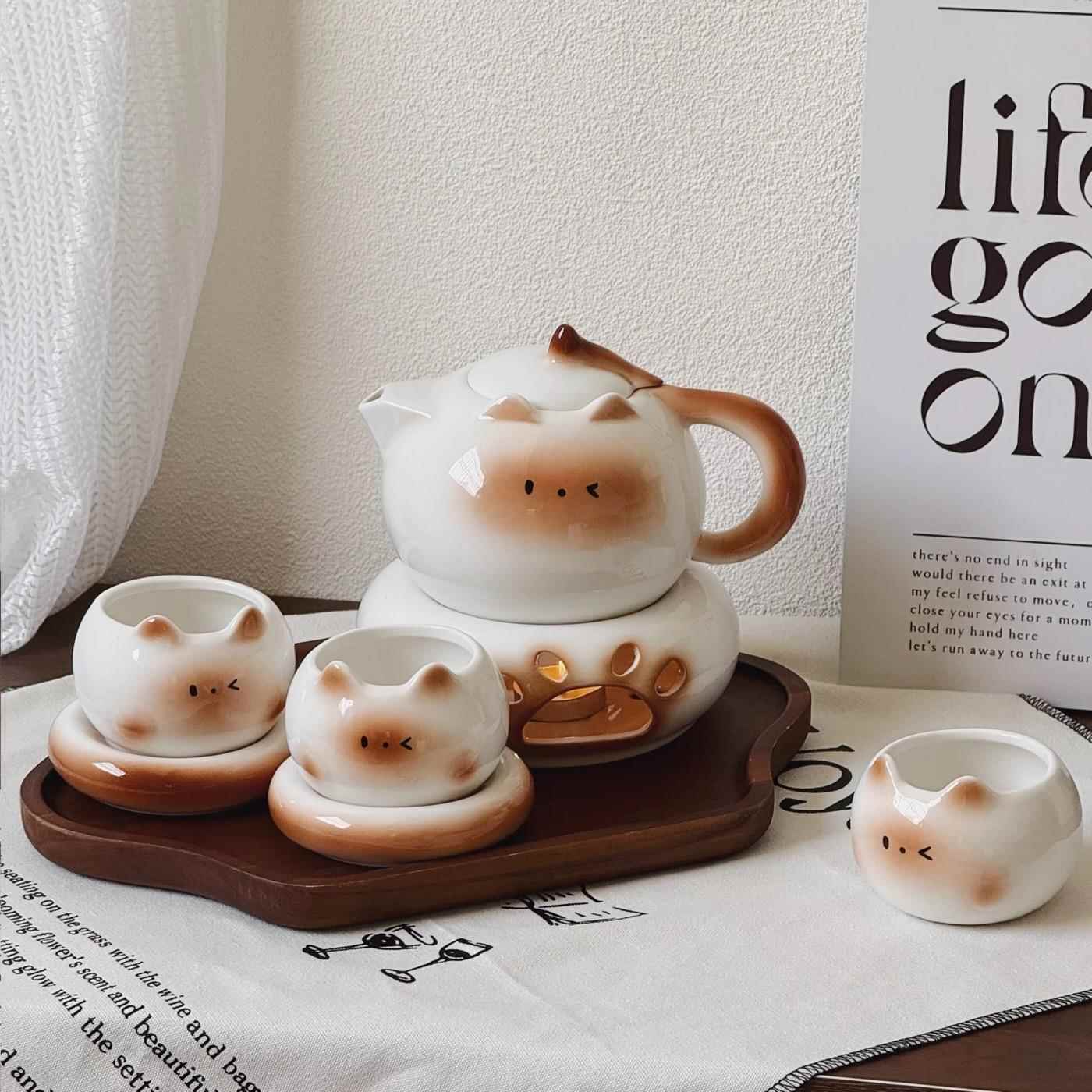 Siamese Cat Teapot Water Gear Set Gift Home Brewing Teapot Cute Ceramic Water Gear Tea Set Housewarming Birthday Gift