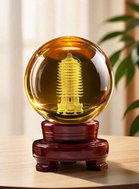 文昌塔水晶球摆件黄色水晶3d内雕一帆风顺客厅办公家居工艺装饰品