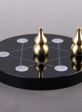 铜葫芦七星阵摆件实心小葫芦天然黑曜石底盘床头客厅书桌玄关