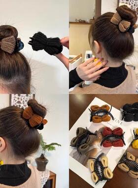 Autumn and Winter Knitted Bow Bun Clamp Hair Clip for Women,