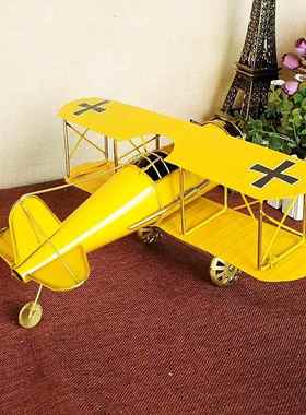 金属手工电焊信天翁双翼铁皮飞机模型时钟复古铁艺摆件 摄影道具