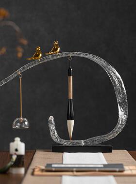 艺贝子新中式小鸟毛笔架摆件样板房间展厅书房书桌茶室透明装饰品