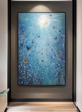 《蓝海梦蝶》蝴蝶入户玄关客厅纯手绘挂画蓝色大海装饰画