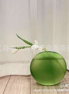 欣可家居 【中古】复古质感春日绿摹刻手工玻璃扁扁花瓶轻奢摆件