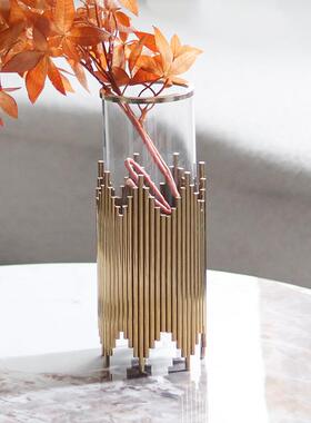 轻奢艺术金属玻璃花瓶摆件样板房酒店会所展厅大口径花器软装饰品