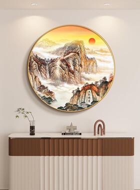 泰山日出图日出东方招财风水进门玄关画圆形有山无水靠山图挂画