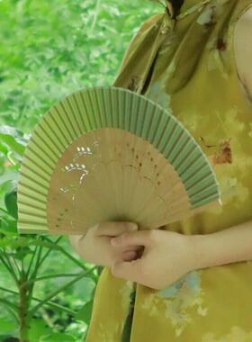 麦穗渐变绿色小清新6.6寸女扇草绿色折扇舞蹈汉服扇子小扇子