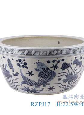 景德镇陶瓷器青花鱼藻纹水浅仿古白色冬瓜罐大碗笔筒家居收藏摆件